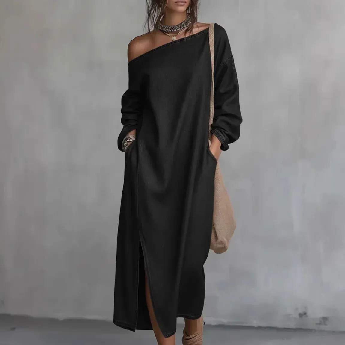 Loose-fitting One Shoulder SplitHem Cotton Linen Midi Dress