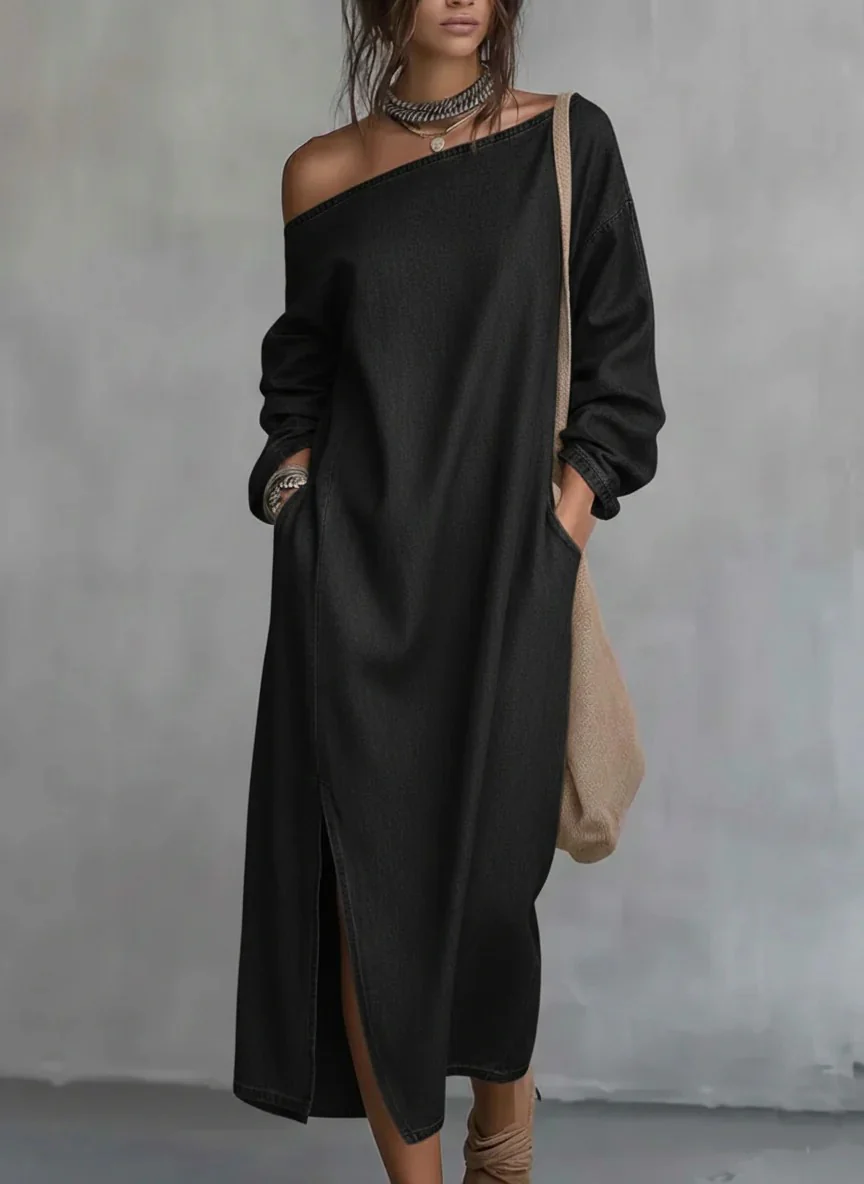 Loose-fitting One Shoulder SplitHem Cotton Linen Midi Dress