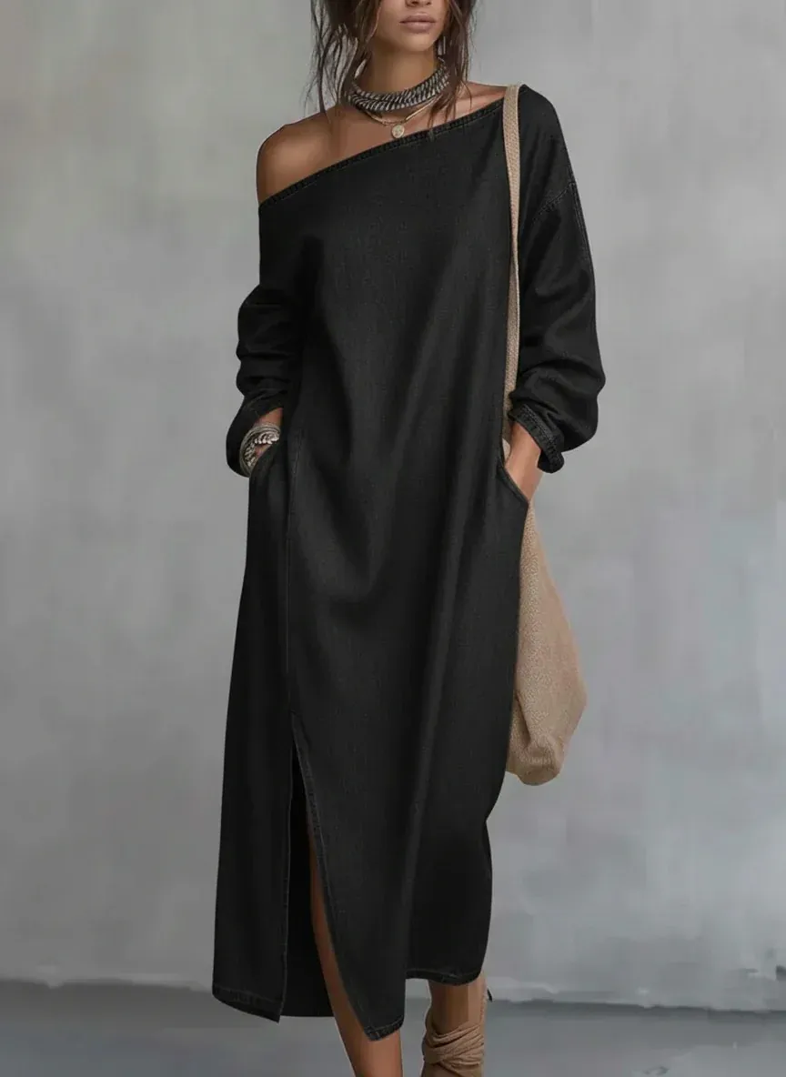 Loose-fitting One Shoulder SplitHem Cotton Linen Midi Dress