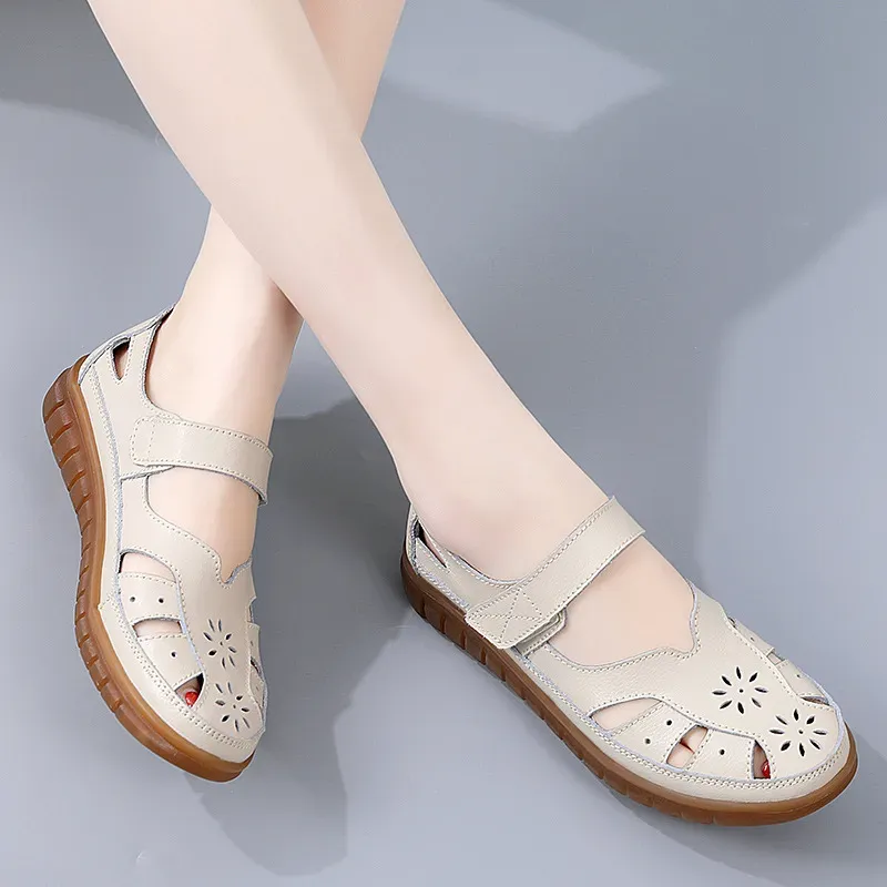 ⏰LAST DAY-60% OFF🛒—Women's Leather Hollow Sandals - Hook Loop, Non-Slip Nubuck Sole for Cool & Comfortable Walks