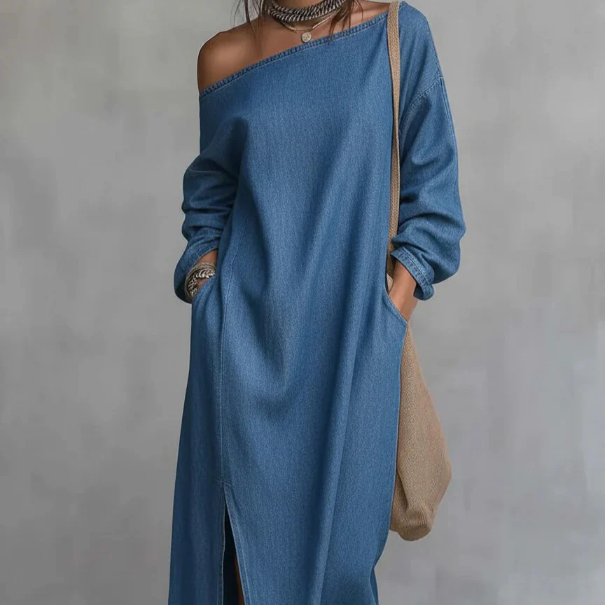 Loose-fitting One Shoulder SplitHem Cotton Linen Midi Dress