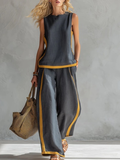New Arrivals🔥 Women's Round Neck Sleeveless Casual Loose Top & Loose Wide-leg Pants Cotton and Linen Set
