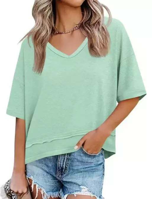 Women's V-neck Mid-length Sleeve Spliced Hem Basic Top