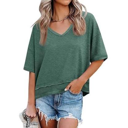 Women's V-neck Mid-length Sleeve Spliced Hem Basic Top