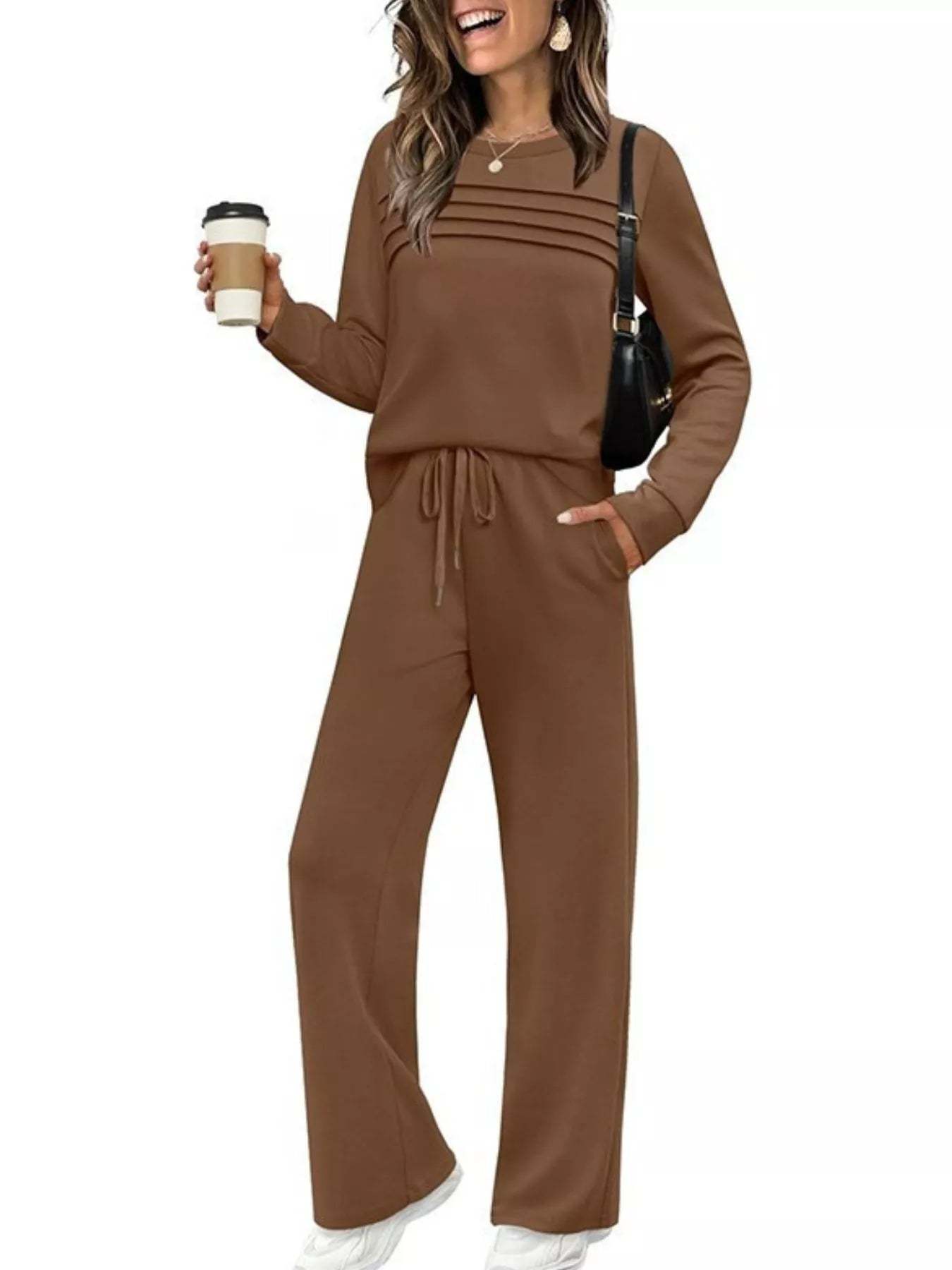 Full Size Long Sleeve Round Neck Top and Pants Set Plus Size