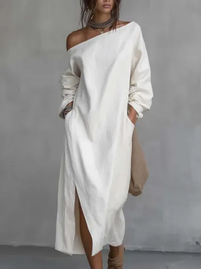 Loose-fitting One Shoulder SplitHem Cotton Linen Midi Dress