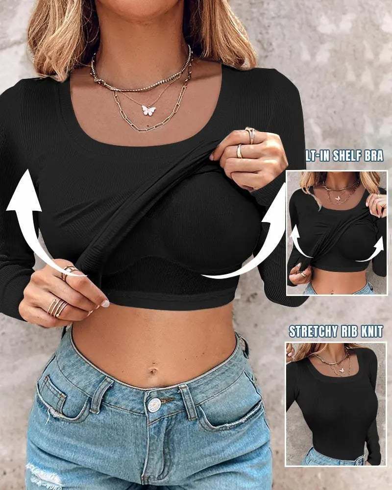 🍂🔥Womens U-Neck Built-in Bra Long Sleeve Ribbed Top Shirts Elegant Skinny Fit Fabric