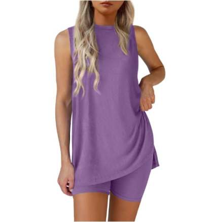 Sleeveless Crewneck Women's 2 Piece Sets Summer Matching Lounge Shorts Set Resort Airport Travel Outfit Split Hem Casual Clothes Basic Fitted Homewear