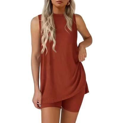 Sleeveless Crewneck Women's 2 Piece Sets Summer Matching Lounge Shorts Set Resort Airport Travel Outfit Split Hem Casual Clothes Basic Fitted Homewear