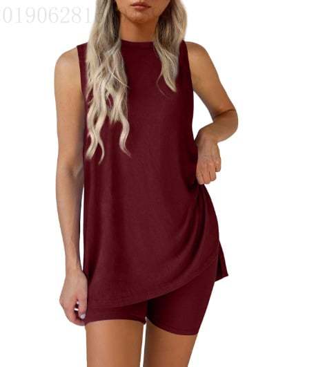 Sleeveless Crewneck Women's 2 Piece Sets Summer Matching Lounge Shorts Set Resort Airport Travel Outfit Split Hem Casual Clothes Basic Fitted Homewear