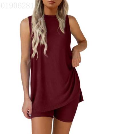 Sleeveless Crewneck Women's 2 Piece Sets Summer Matching Lounge Shorts Set Resort Airport Travel Outfit Split Hem Casual Clothes Basic Fitted Homewear