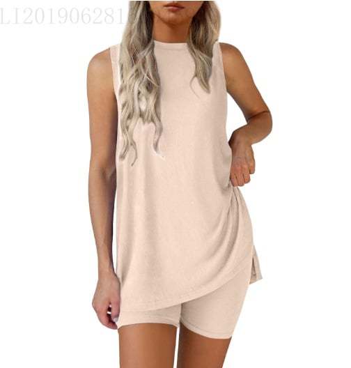 Sleeveless Crewneck Women's 2 Piece Sets Summer Matching Lounge Shorts Set Resort Airport Travel Outfit Split Hem Casual Clothes Basic Fitted Homewear