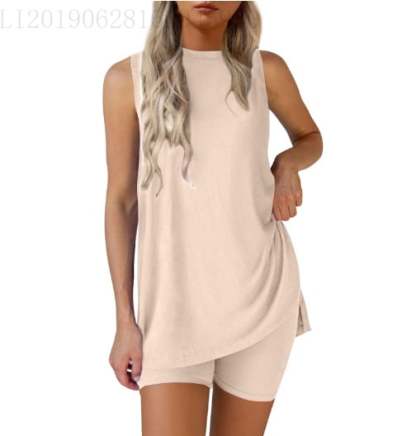 Sleeveless Crewneck Women's 2 Piece Sets Summer Matching Lounge Shorts Set Resort Airport Travel Outfit Split Hem Casual Clothes Basic Fitted Homewear