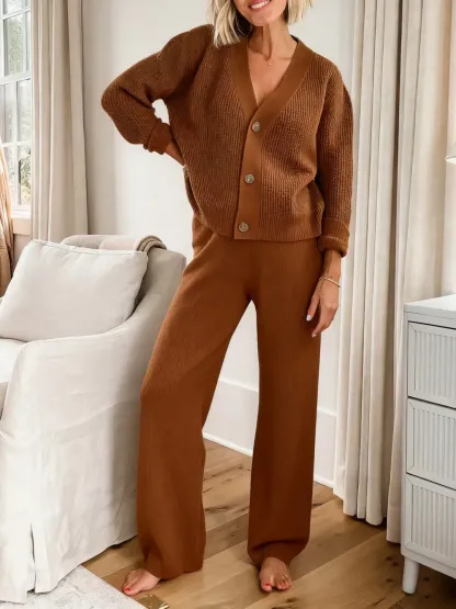 Last day discount- 50% OFF Solid Textured Knit Button Cardigan & Pants Set