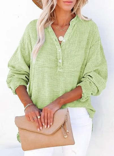 Womens Casual Button V Neck Long Sleeve Shirts Oversized Solid Blouses Tops