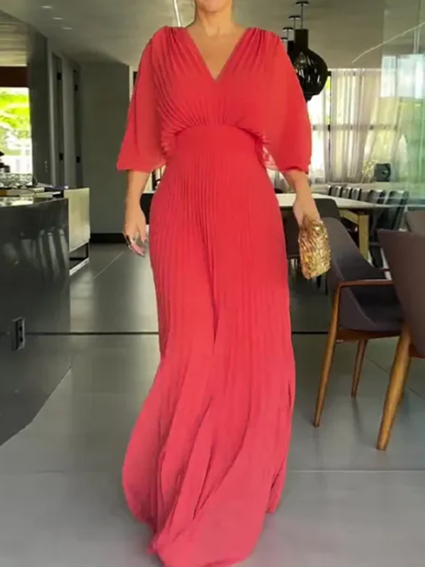 NEW🔥 V Neck Chiffon Back Tie Zipper Bat Sleeve Dress- Tax Free