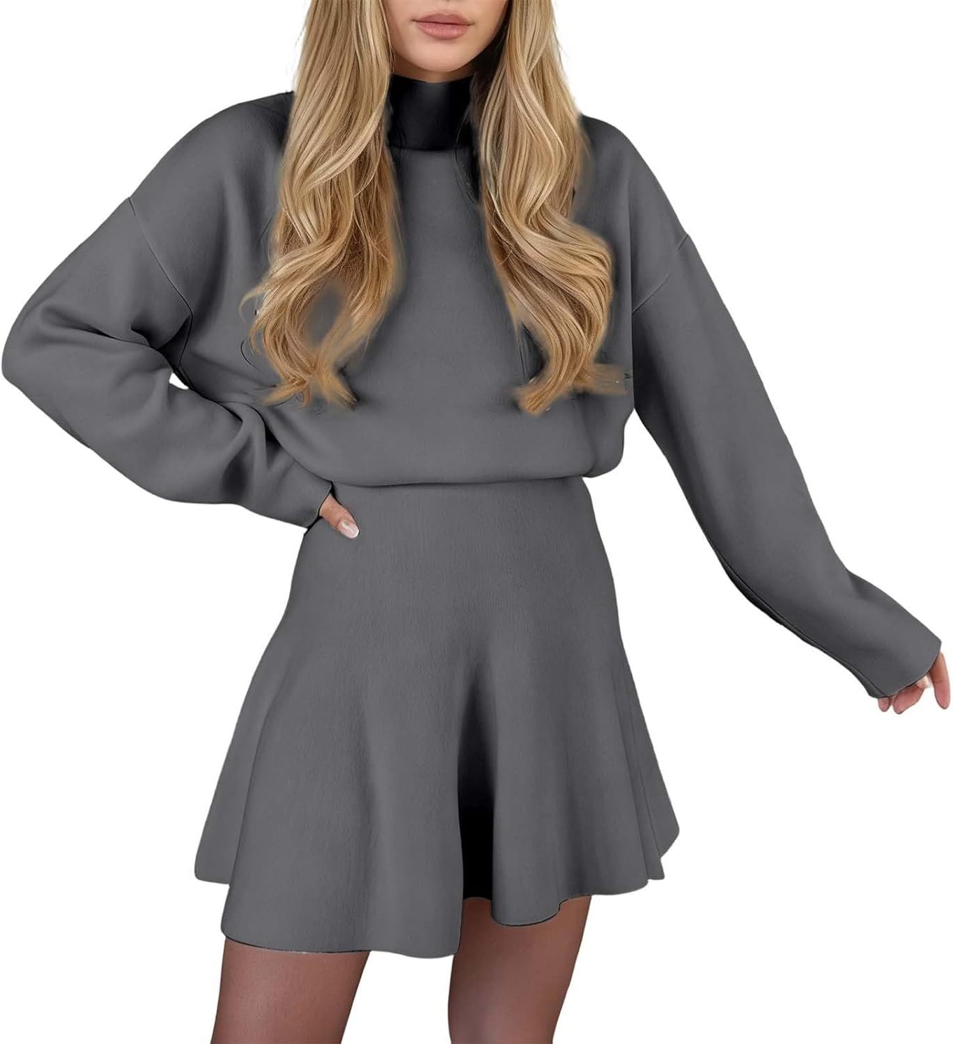 Round Neck Long Sleeve Mini Sweater Dress Set（Buy 2 Free Shipping)