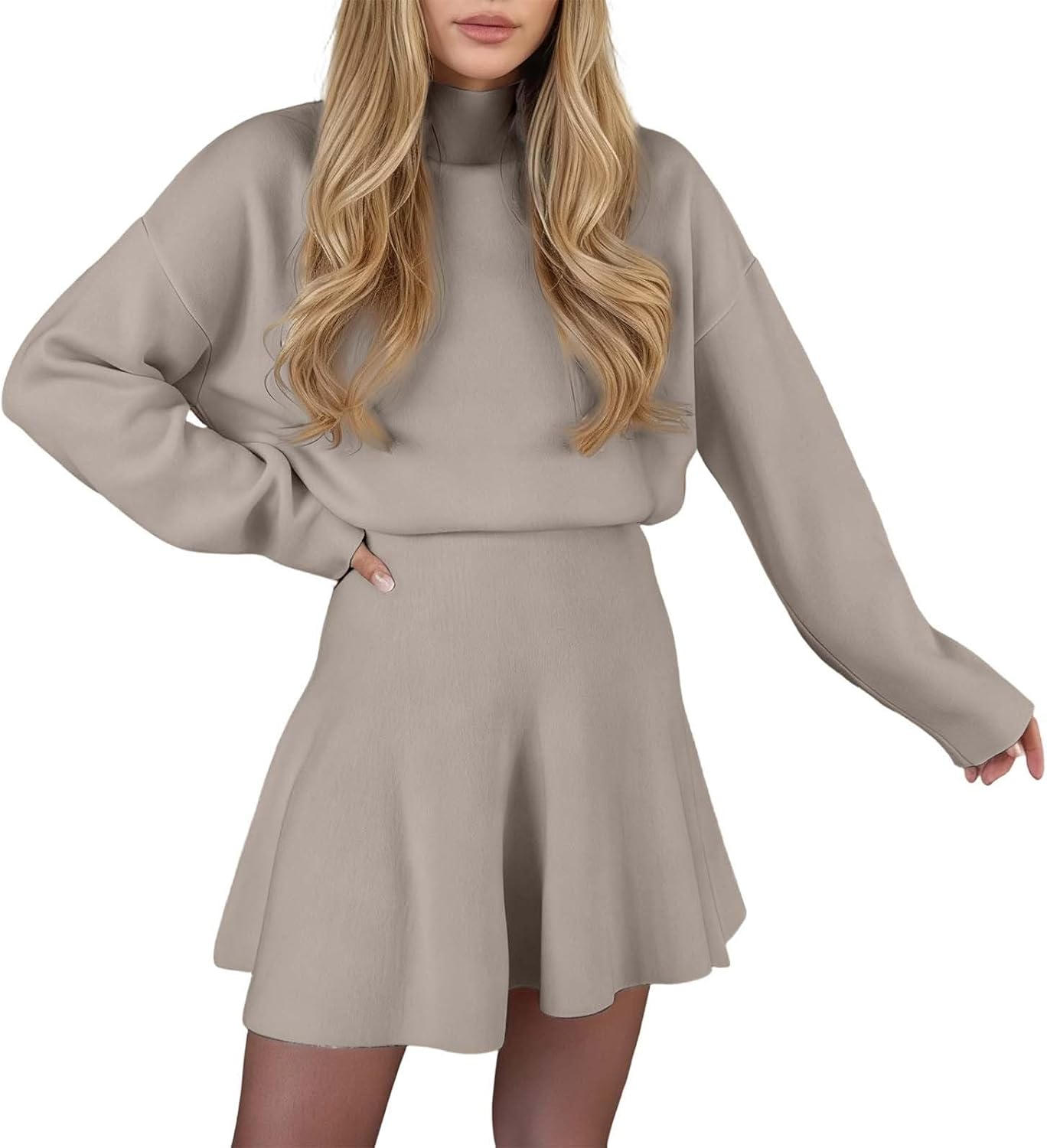 Round Neck Long Sleeve Mini Sweater Dress Set（Buy 2 Free Shipping)