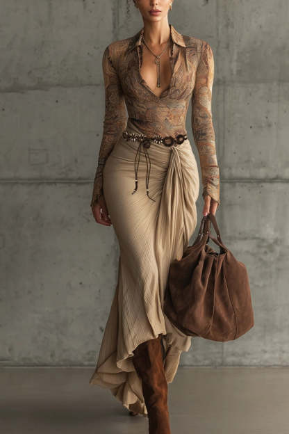 Light Brown Paisley Print Top & Textured Drape Skirt Set（Buy 2 Free Shipping)