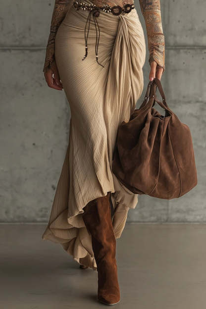 Light Brown Paisley Print Top & Textured Drape Skirt Set（Buy 2 Free Shipping)