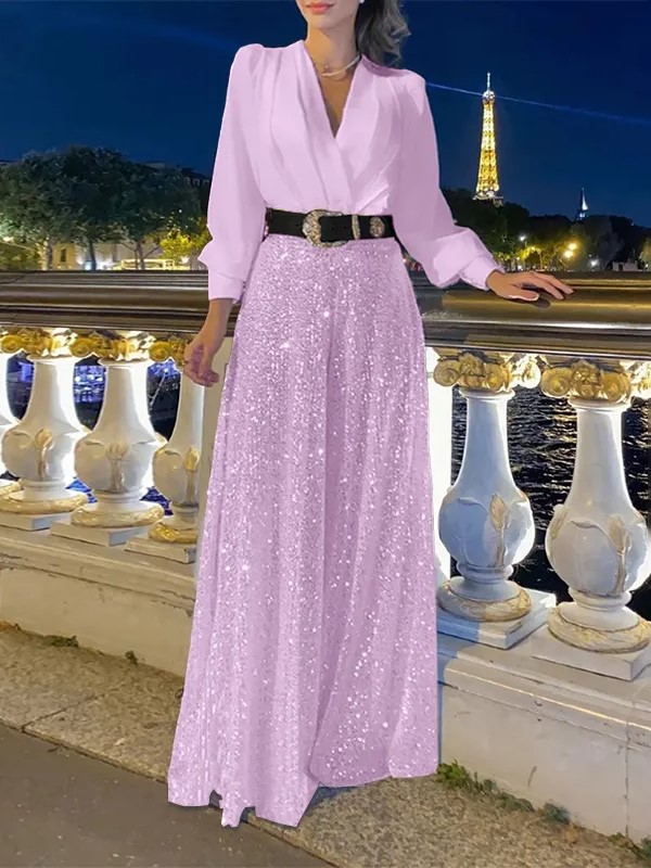Stylish V-Neck Long Sleeve Shirt & Sequin Wide Leg Pants Set (Buy 2 Fr