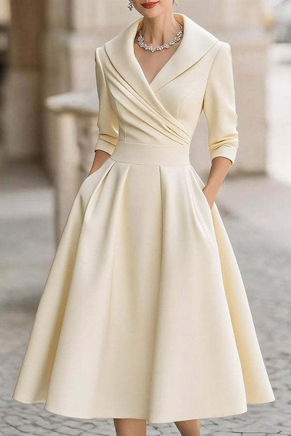 Solid Color Elegant Long Sleeve Waist Pocket Midi Dress(Buy 2 Free Shipping)