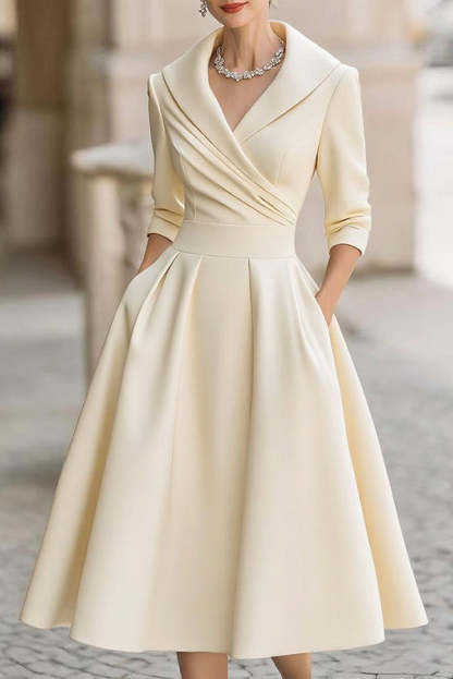 Solid Color Elegant Long Sleeve Waist Pocket Midi Dress(Buy 2 Free Shipping)