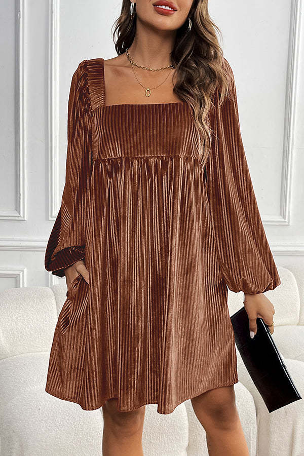Solid Color Velvet Square Neck Long Sleeve Pocket Casual Mini Dress(Buy 2 Free Shipping)