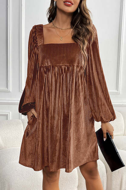 Solid Color Velvet Square Neck Long Sleeve Pocket Casual Mini Dress(Buy 2 Free Shipping)