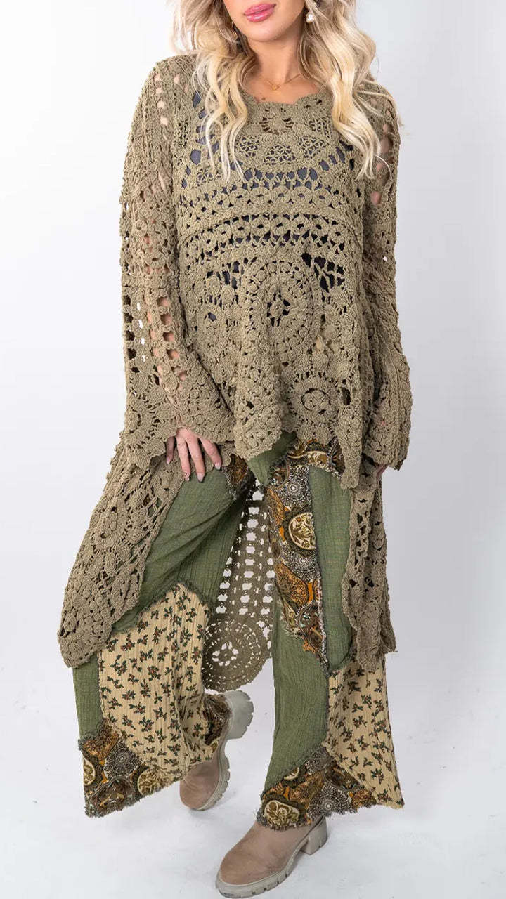 Women Round Neck Hollow Out Casual Long Top(Buy 2 Free Shipping)