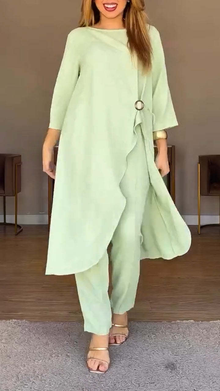 Women Round Neck Irregular Long Top+ Pants Loose Casual Suit
