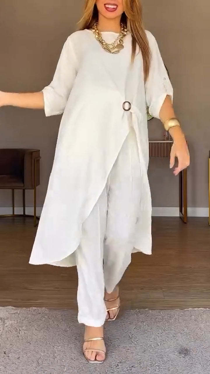 Women Round Neck Irregular Long Top+ Pants Loose Casual Suit