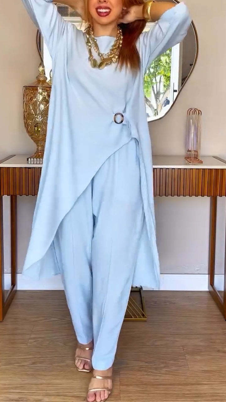 Women Round Neck Irregular Long Top+ Pants Loose Casual Suit
