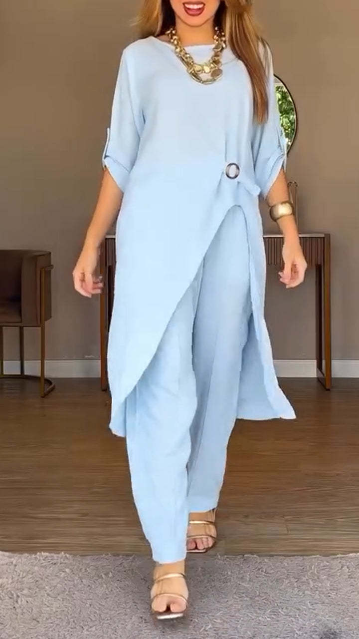 Women Round Neck Irregular Long Top+ Pants Loose Casual Suit