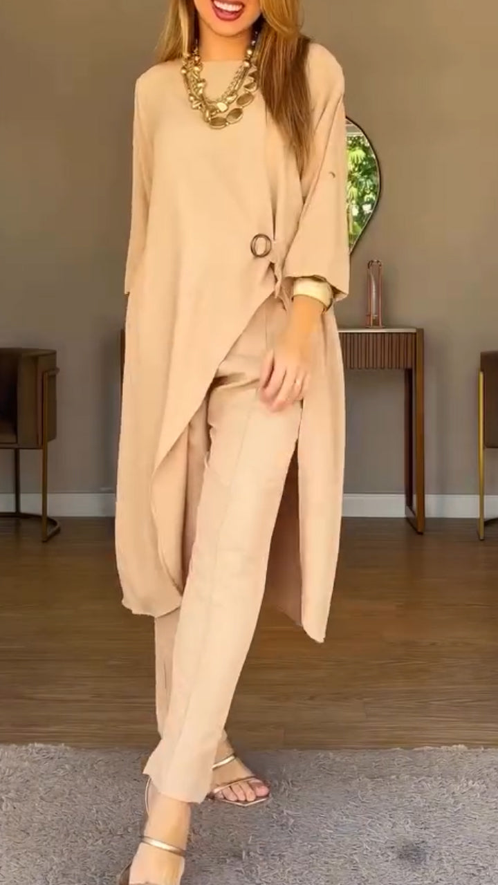 Women Round Neck Irregular Long Top+ Pants Loose Casual Suit