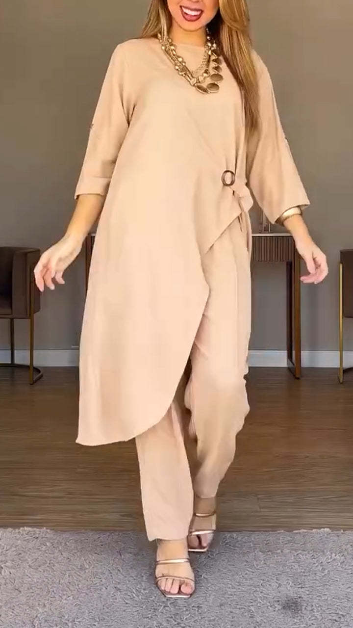 Women Round Neck Irregular Long Top+ Pants Loose Casual Suit