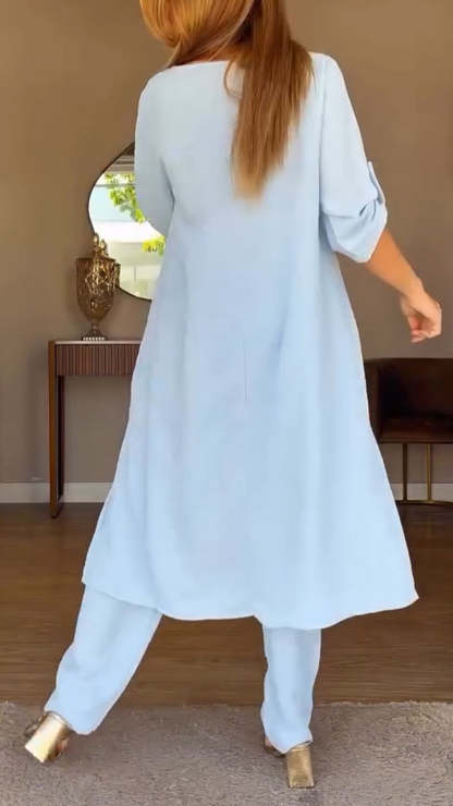 Women Round Neck Irregular Long Top+ Pants Loose Casual Suit