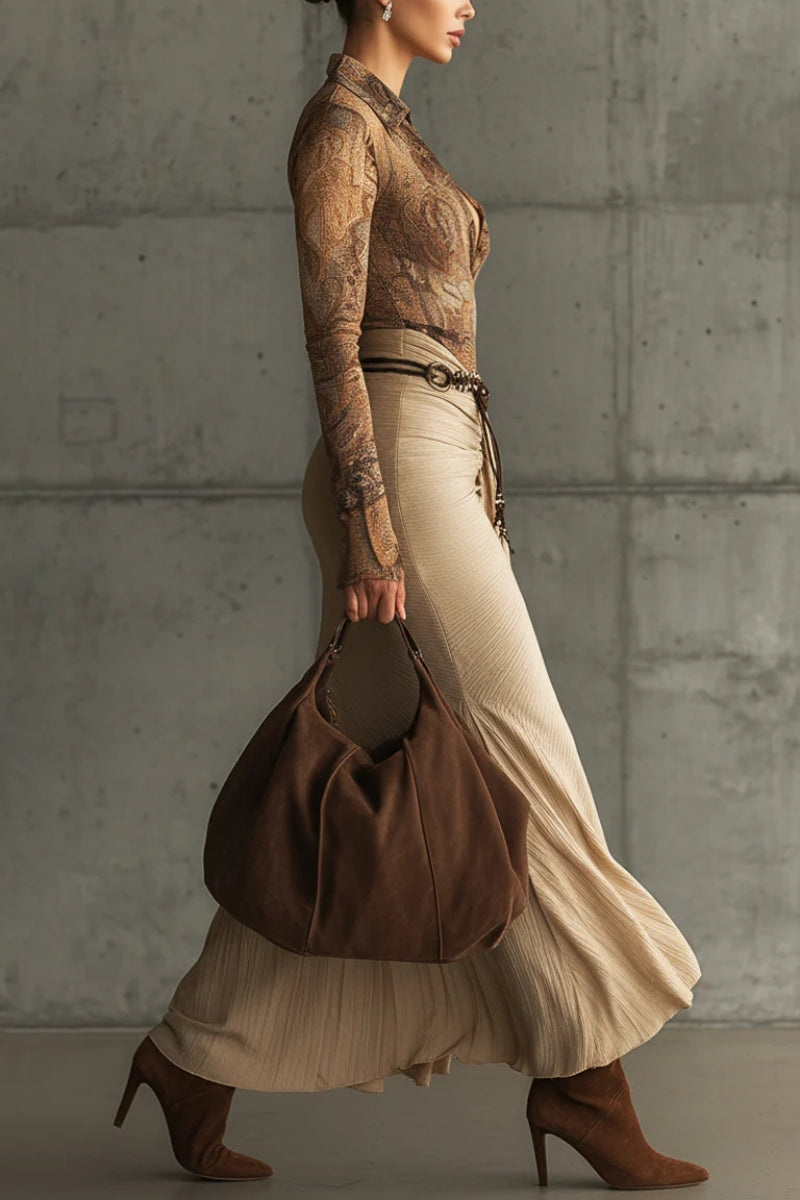 Light Brown Paisley Print Top & Textured Drape Skirt Set（Buy 2 Free Shipping)