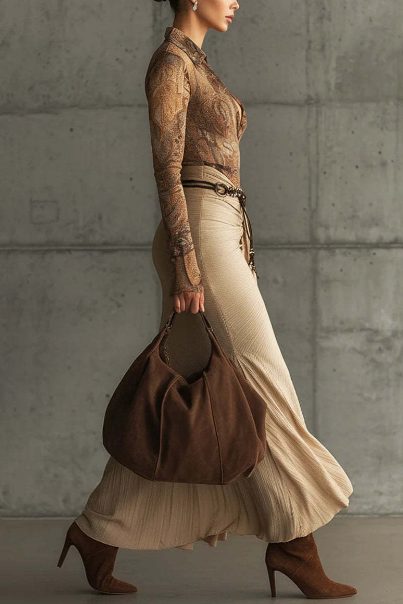 Light Brown Paisley Print Top & Textured Drape Skirt Set（Buy 2 Free Shipping)