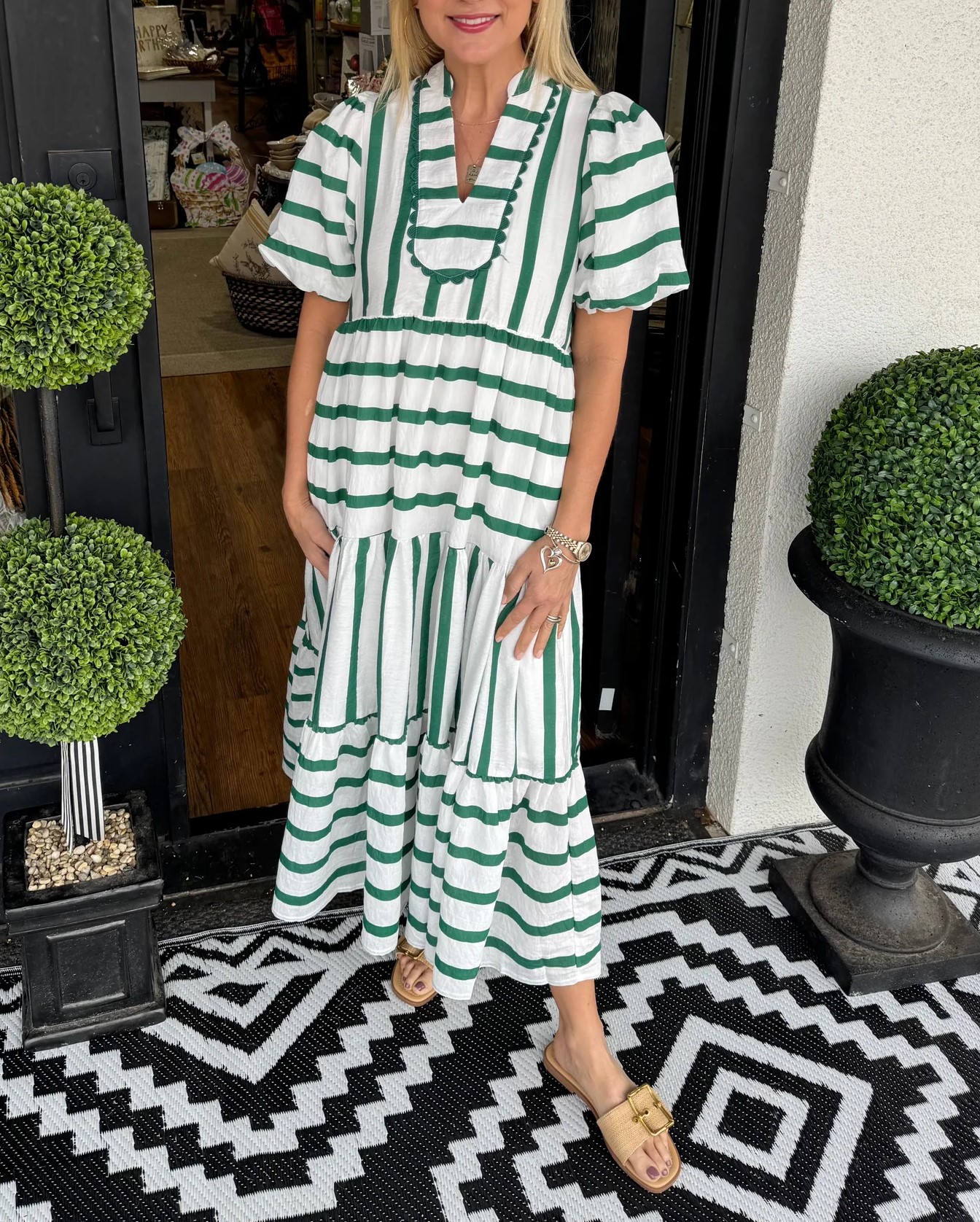 Women's Short Bubble Sleeve Striped Dress With Pockets (Buy 2 Free Shi