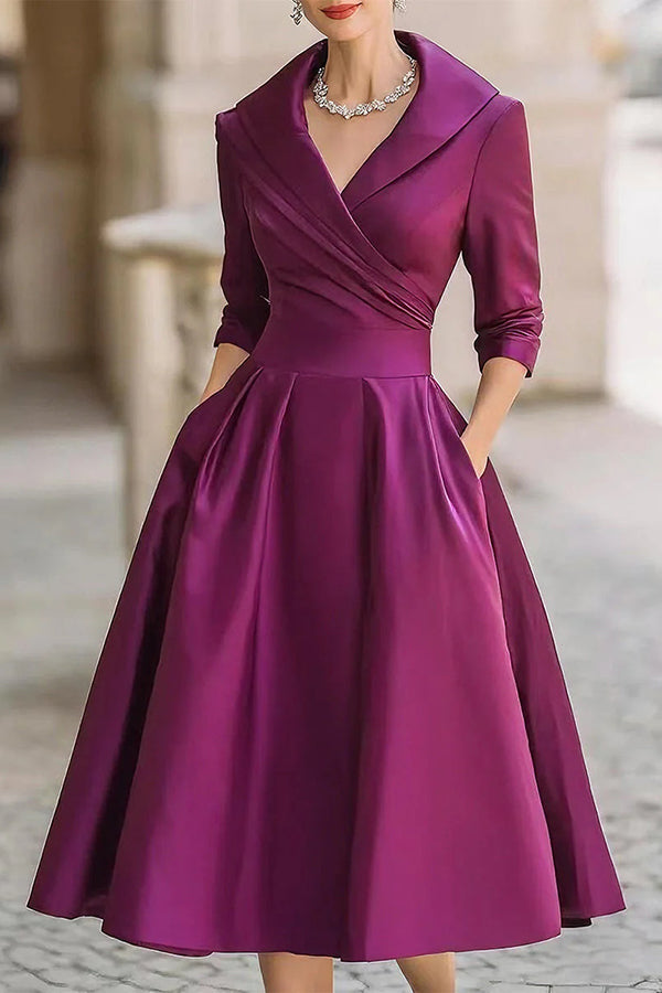 Solid Color Elegant Long Sleeve Waist Pocket Midi Dress(Buy 2 Free Shipping)