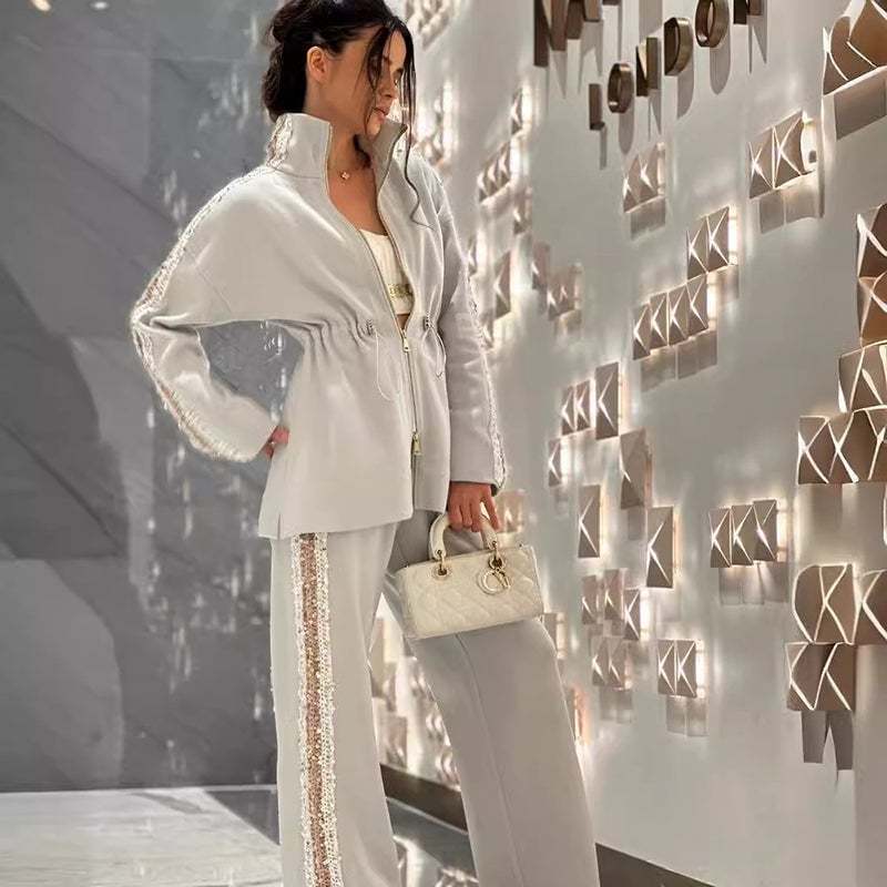 Eaksone - Elegant Sequin-Trimmed Top and Wide-Leg Pants 2-Piece Set