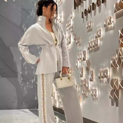 Eaksone - Elegant Sequin-Trimmed Top and Wide-Leg Pants 2-Piece Set