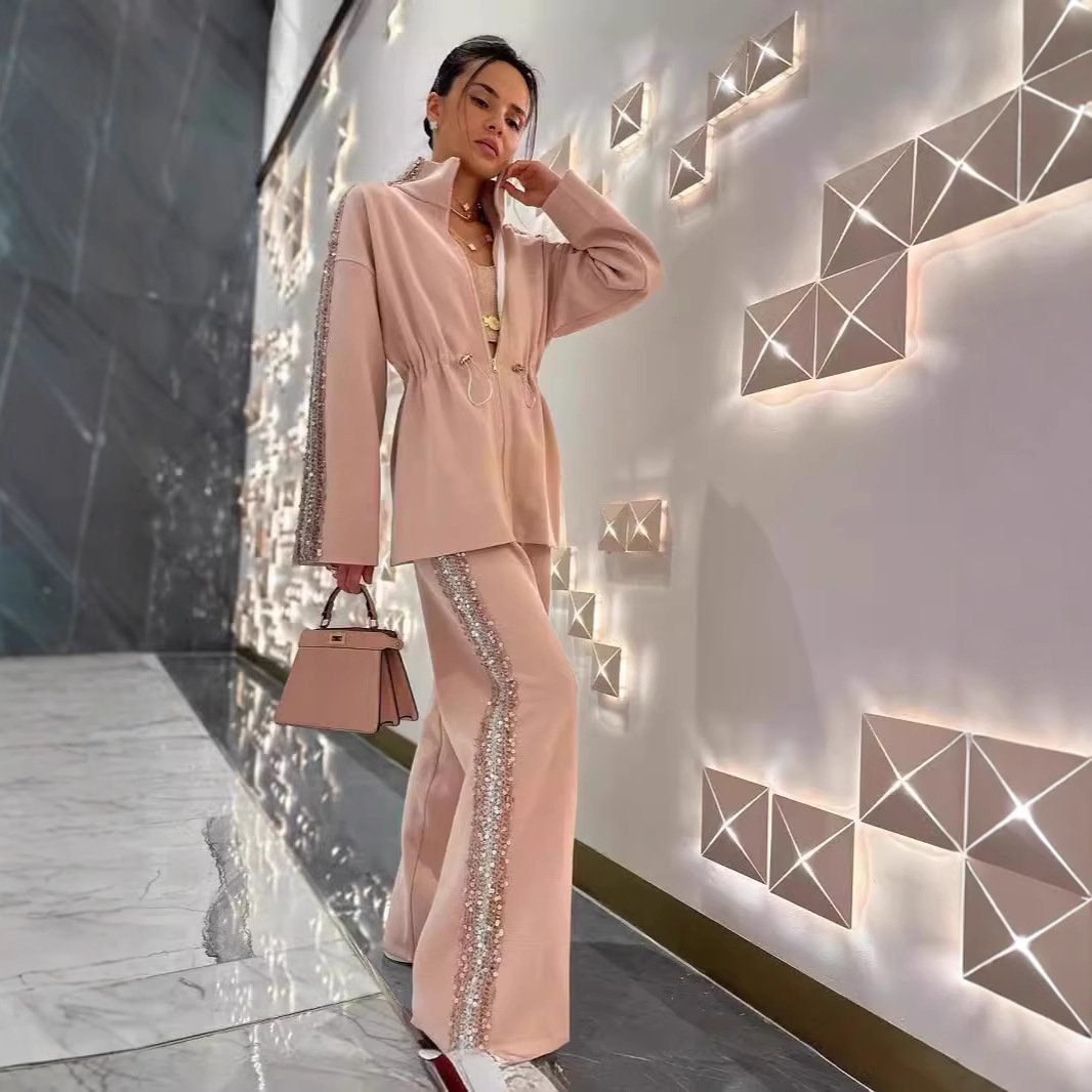 Eaksone - Elegant Sequin-Trimmed Top and Wide-Leg Pants 2-Piece Set