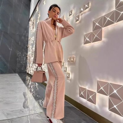 Eaksone - Elegant Sequin-Trimmed Top and Wide-Leg Pants 2-Piece Set