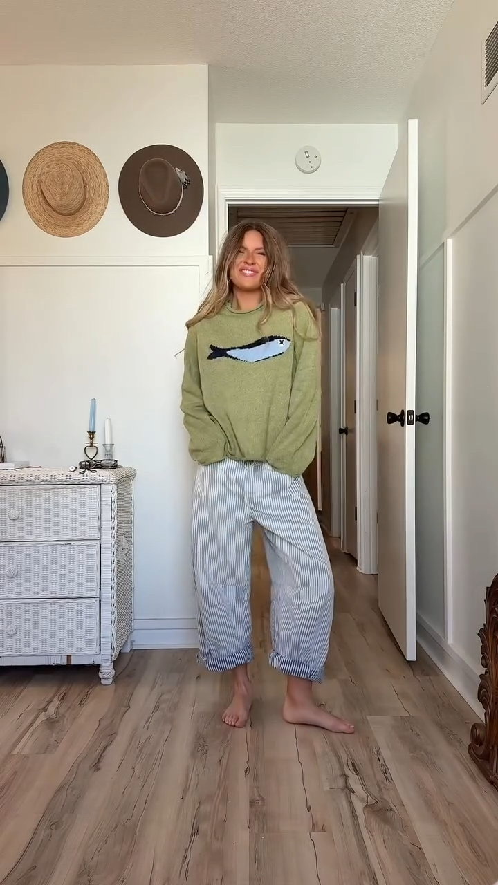 Olive Knit Fisherman Sweater and Blue Striped Pants  Set (Buy 2 Free Shipping)