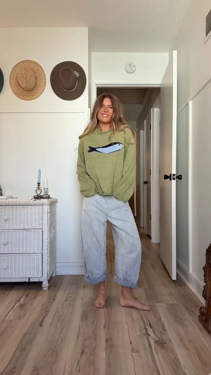 Olive Knit Fisherman Sweater and Blue Striped Pants  Set (Buy 2 Free Shipping)