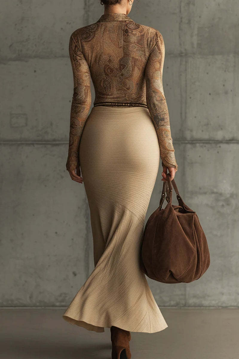 Light Brown Paisley Print Top & Textured Drape Skirt Set（Buy 2 Free Shipping)