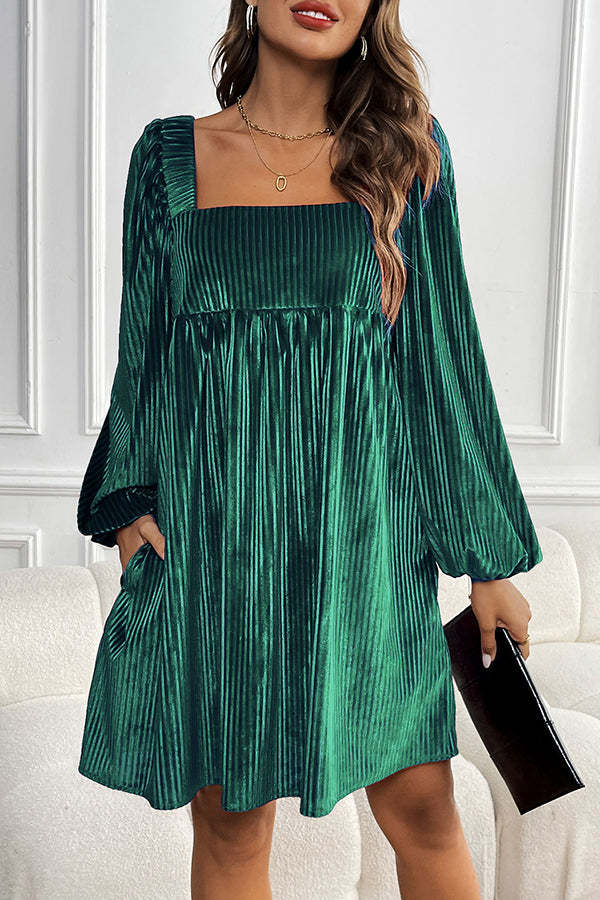 Solid Color Velvet Square Neck Long Sleeve Pocket Casual Mini Dress(Buy 2 Free Shipping)