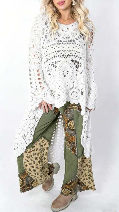 Women Round Neck Hollow Out Casual Long Top(Buy 2 Free Shipping)